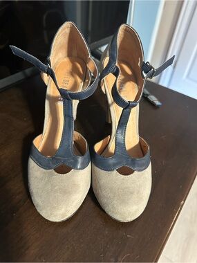 Chelsea Crew T-Strap Two-Tone Suede Heels in Taupe and Navy